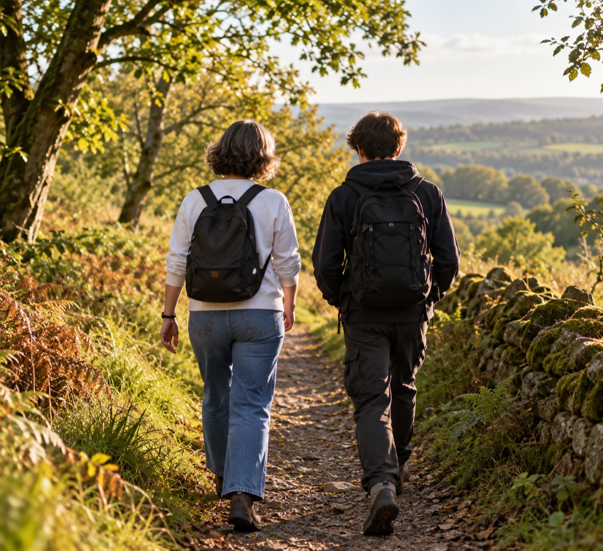 Two people walking side by side along a countryside path